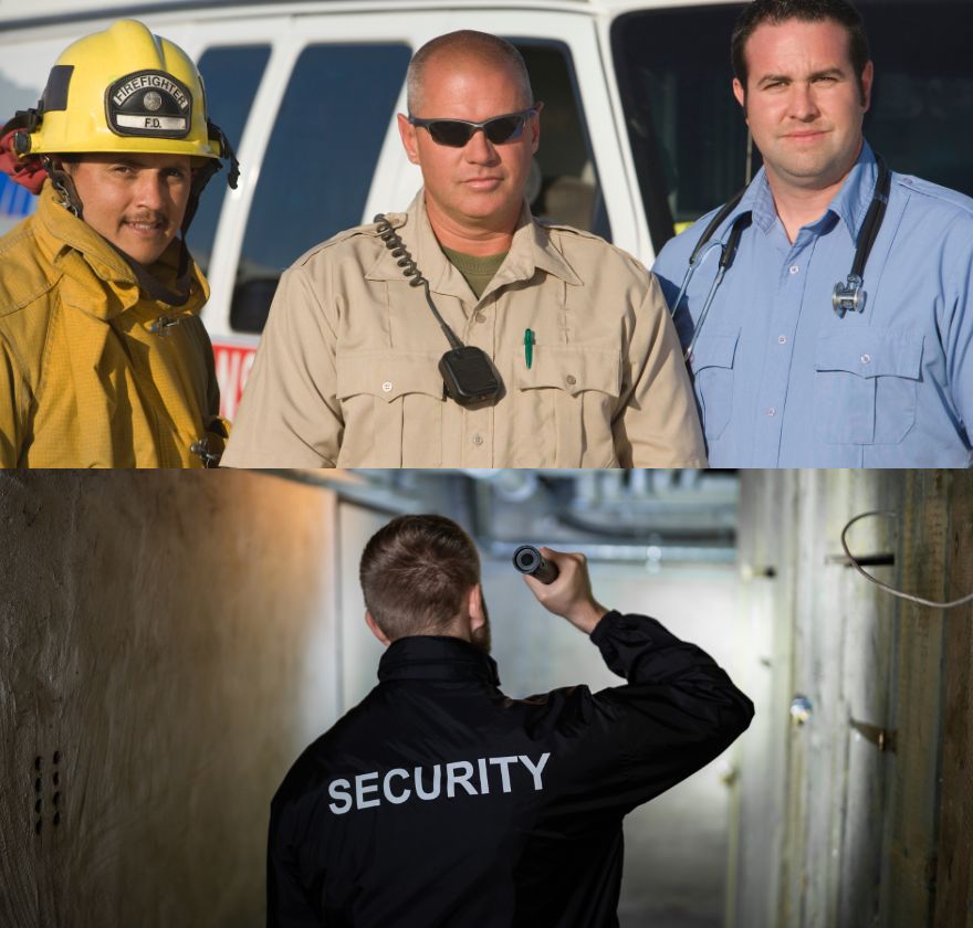 Psychosocial hazard kit for emergency, safety and security services — firefighter, officer and paramedic, and a security guard on patrol