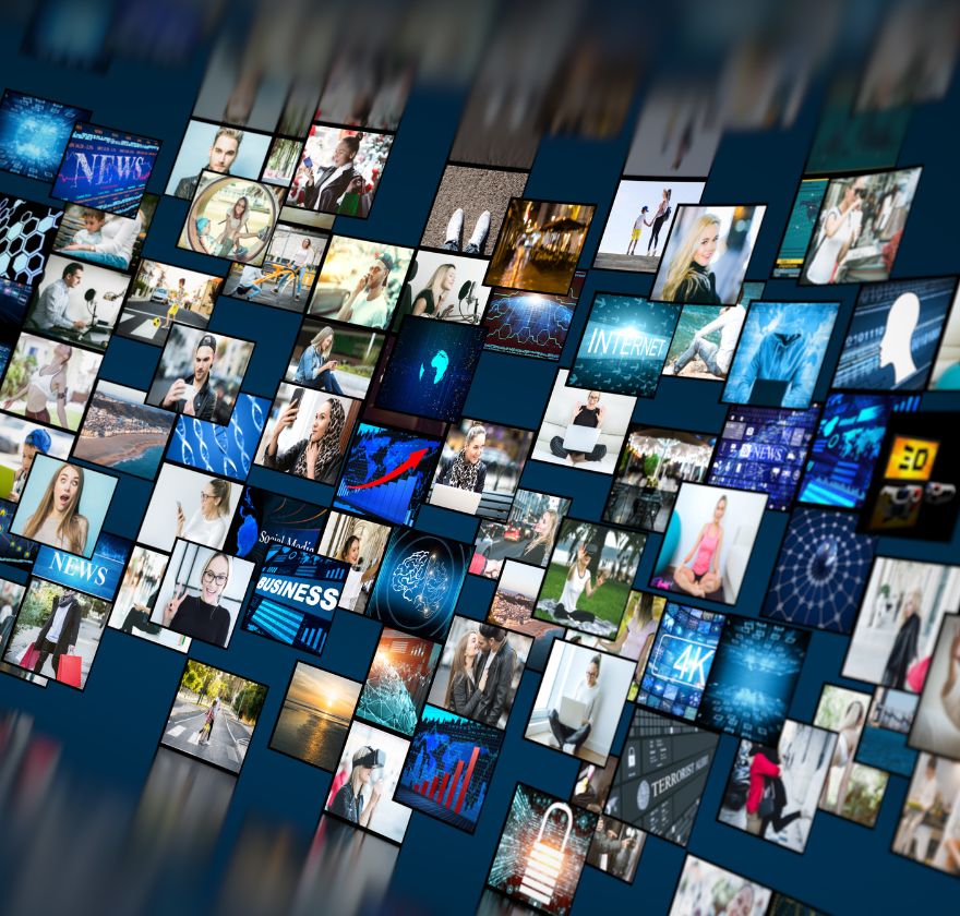 Psychosocial hazard kit for media, film and television — a wall of news, broadcast and digital content screens