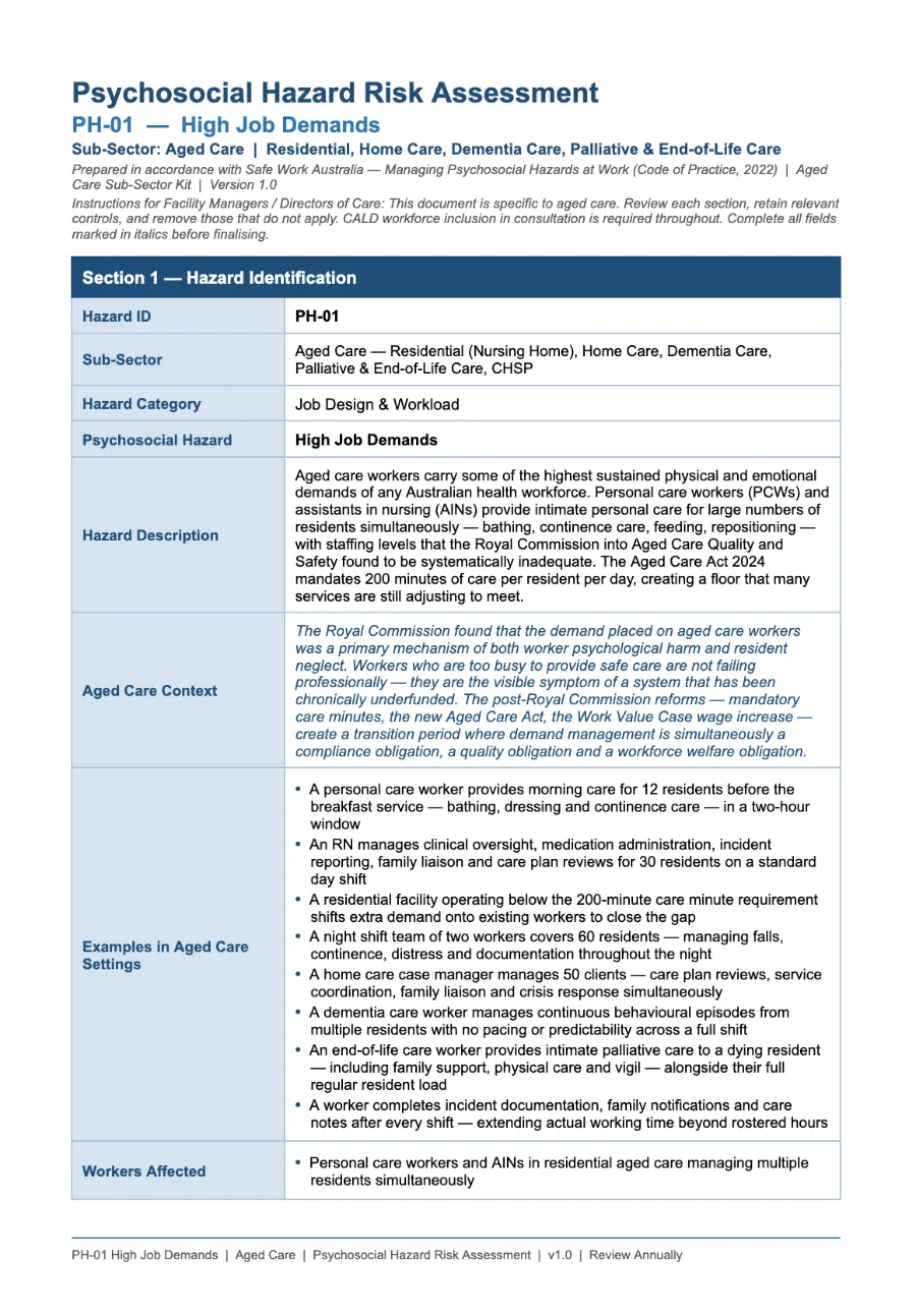 Aged Care and Disability psychosocial hazard kit — PH-01 High Job Demands risk assessment, page 1