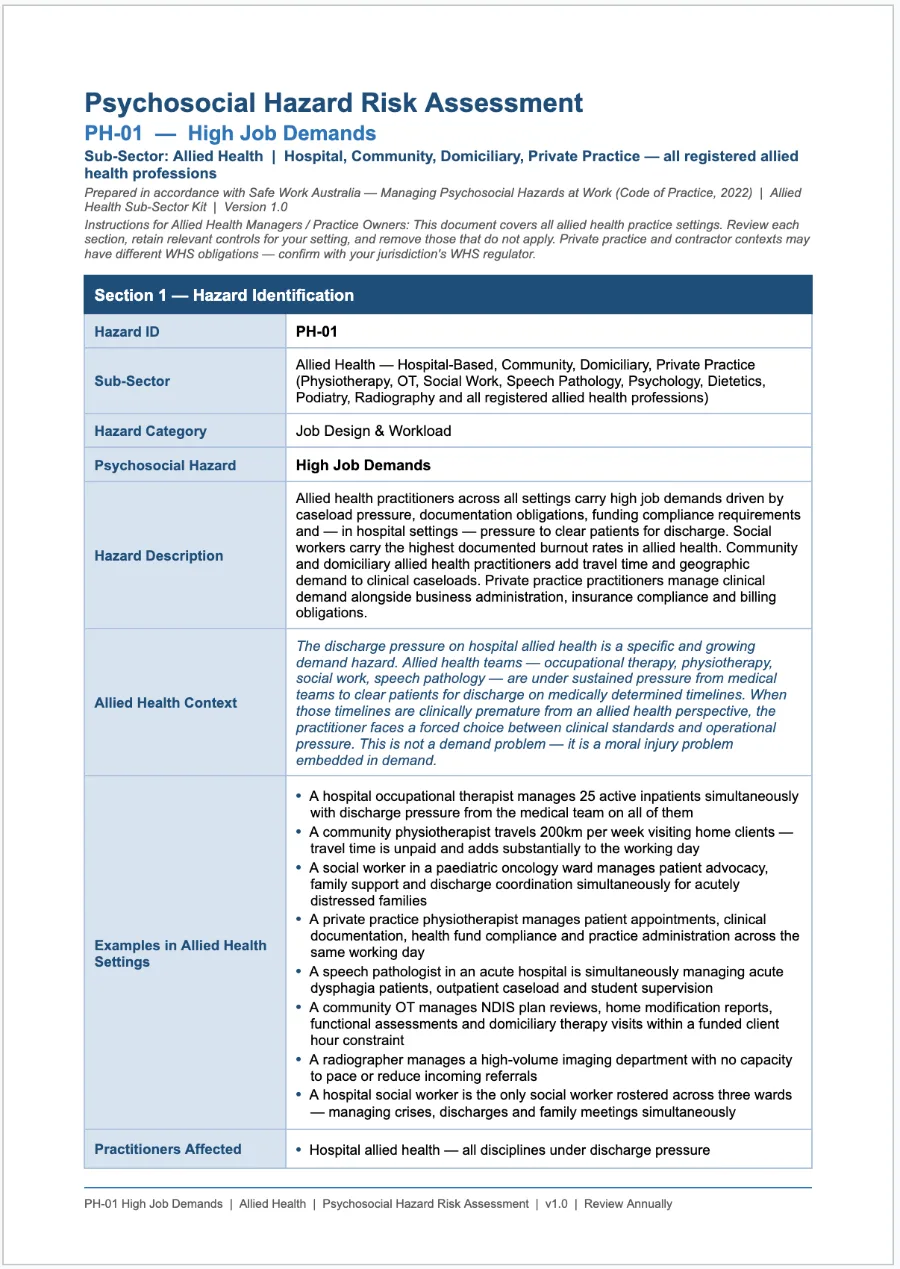 Healthcare and Allied Health psychosocial hazard kit — PH-01 High Job Demands risk assessment, page 1