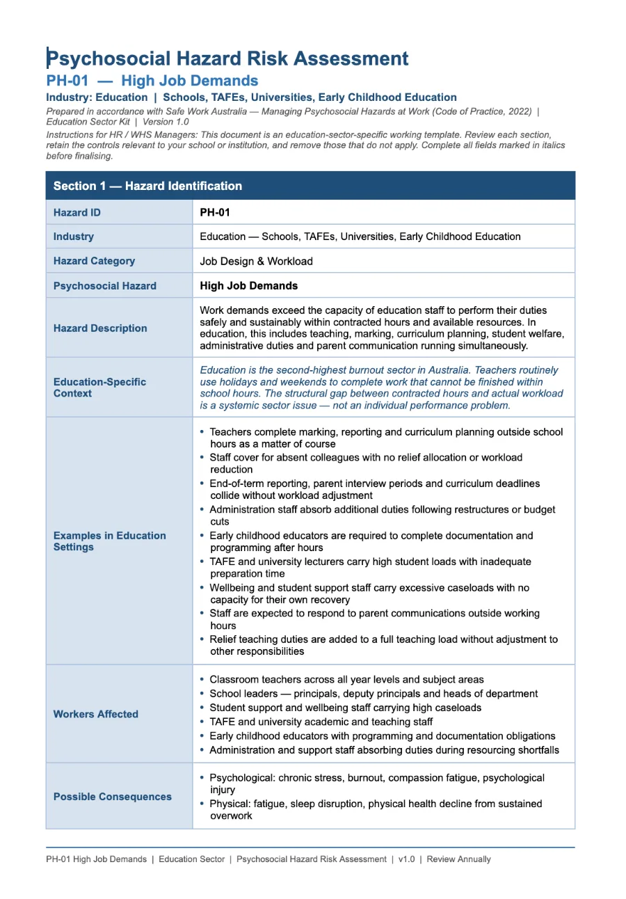 Education and Training psychosocial hazard kit — PH-01 High Job Demands risk assessment, page 1