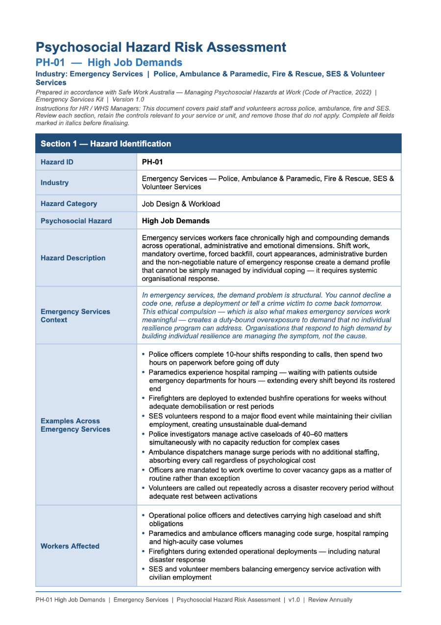 Emergency services psychosocial hazard kit — PH-01 High Job Demands risk assessment, page 1
