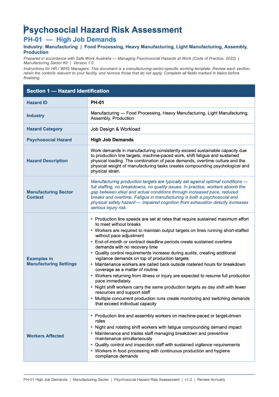Manufacturing and Industrial psychosocial hazard kit — PH-01 High Job Demands risk assessment, page 1