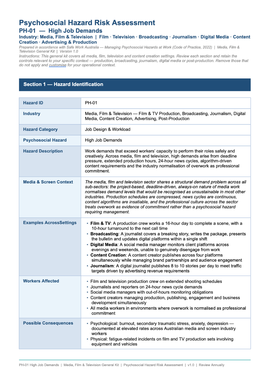 Media, film and television psychosocial hazard kit — PH-01 High Job Demands risk assessment, page 1